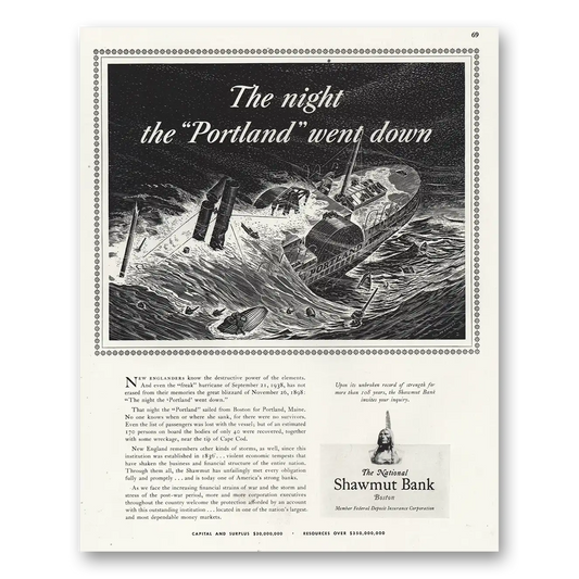 1944 National Shawmut Bank Night the Portland Went Down Vintage Magazine Print Ad