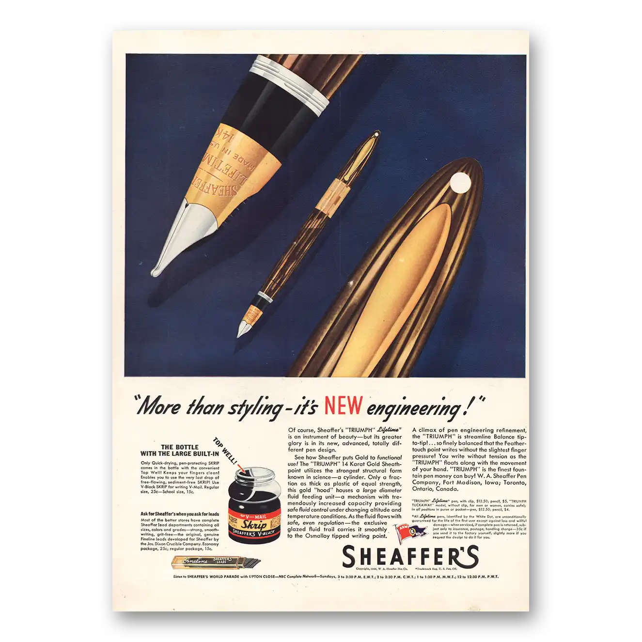 1944 Sheaffer Pen New Engineering Vintage Magazine Print Ad