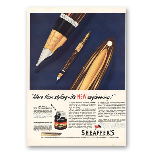 1944 Sheaffer Pen New Engineering Vintage Magazine Print Ad