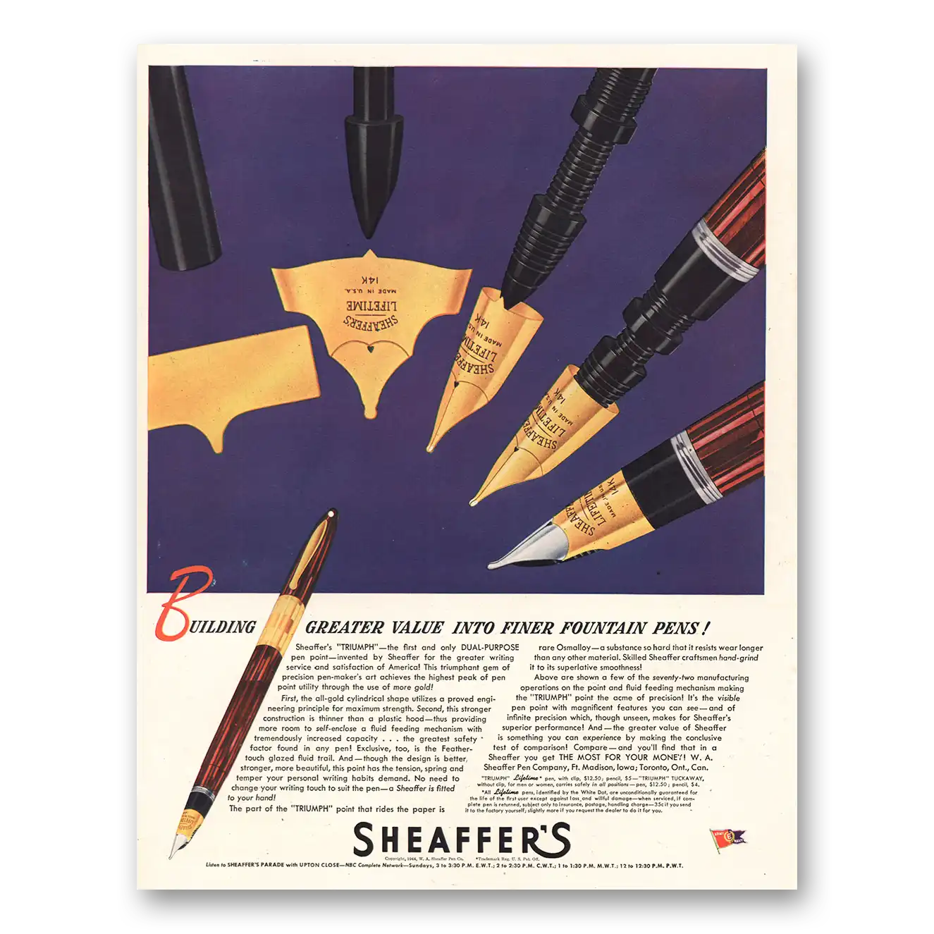 1944 Sheaffer Pen Finer Fountain Pens Vintage Magazine Print Ad