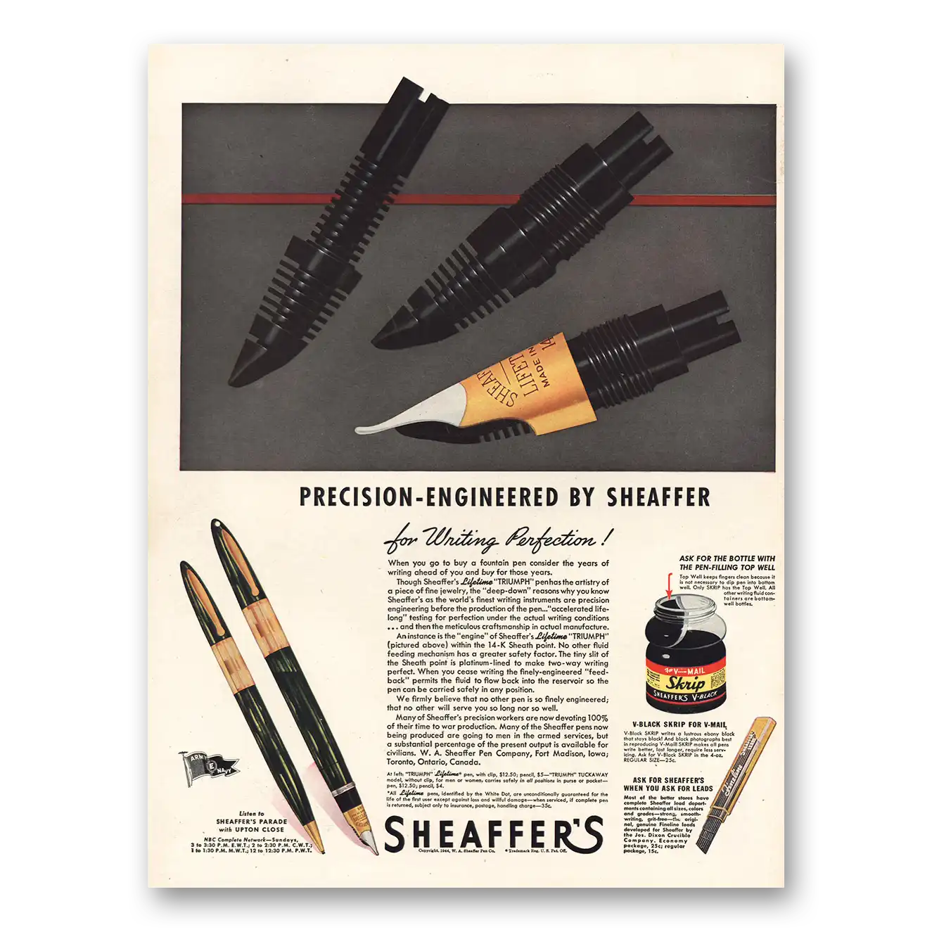 1944 Sheaffer Pen Precision Engineered Vintage Magazine Print Ad