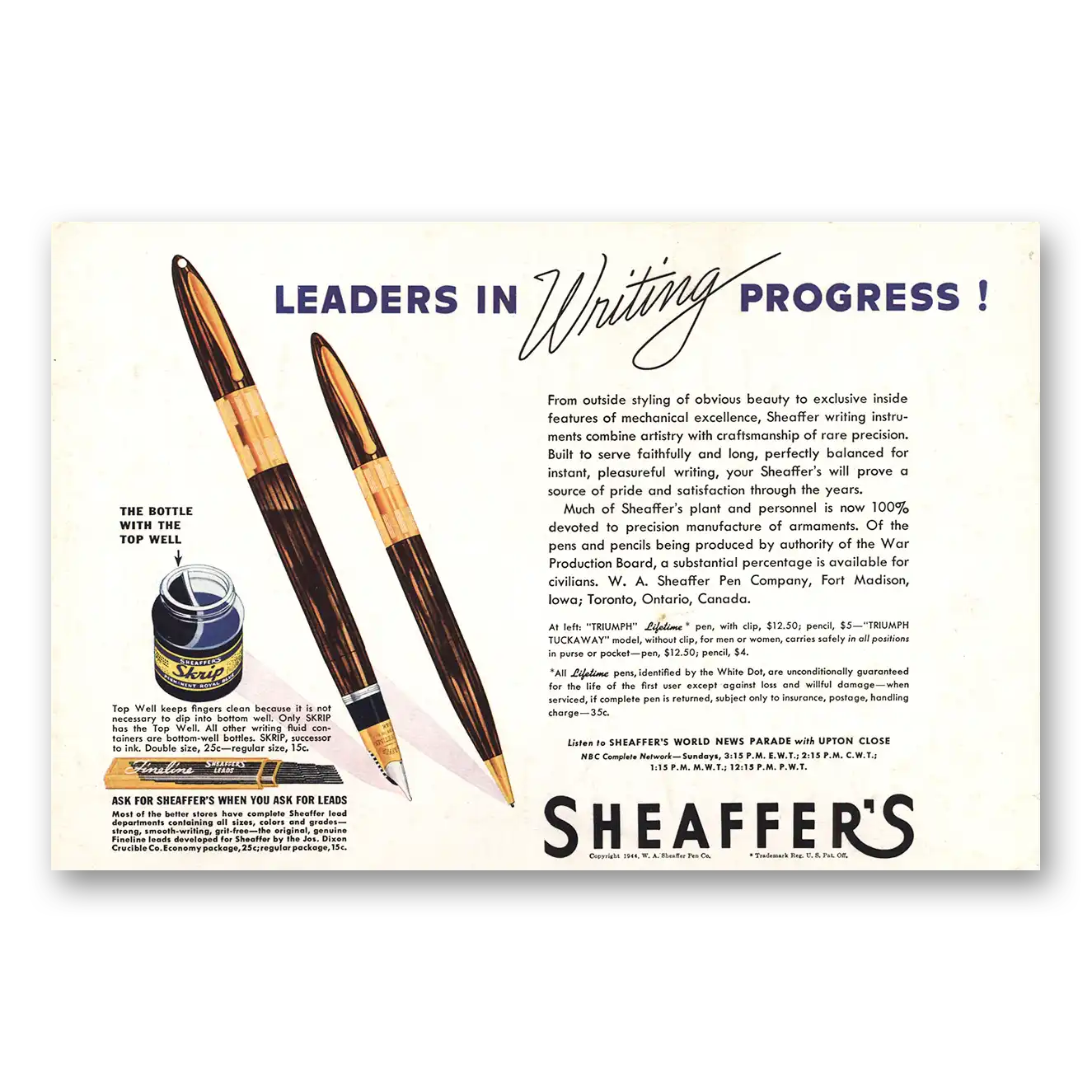 1944 Sheaffers Triumph Tuckaway Pen Leaders In Writing Progress Vintage Magazine Print Ad