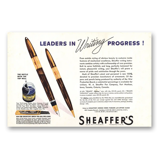 1944 Sheaffers Triumph Tuckaway Pen Leaders In Writing Progress Vintage Magazine Print Ad