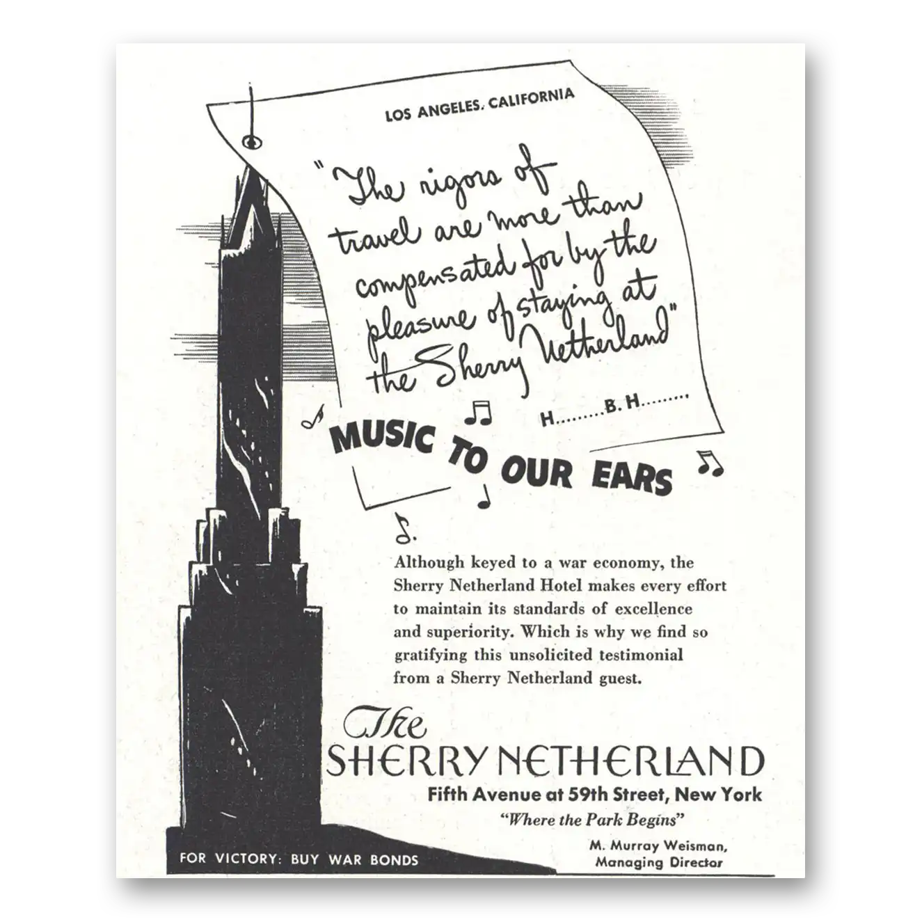 1944 Sherry Netherland Hotel Music to Our Ears Vintage Magazine Print Ad