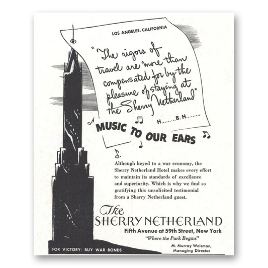 1944 Sherry Netherland Hotel Music to Our Ears Vintage Magazine Print Ad