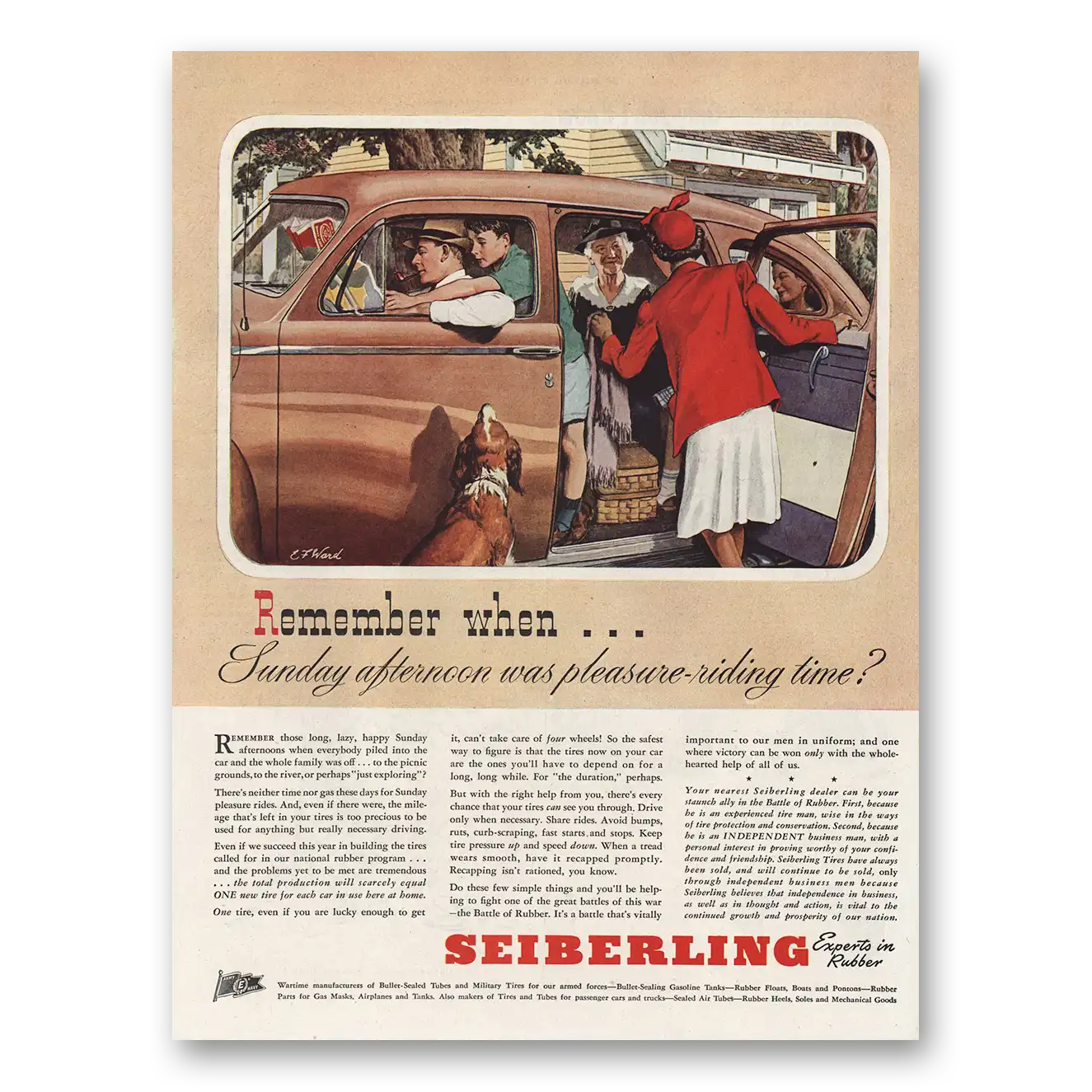 1944 Sieberling Tires Sunday Afternoon Was Pleasure Riding Time Vintage Magazine Print Ad