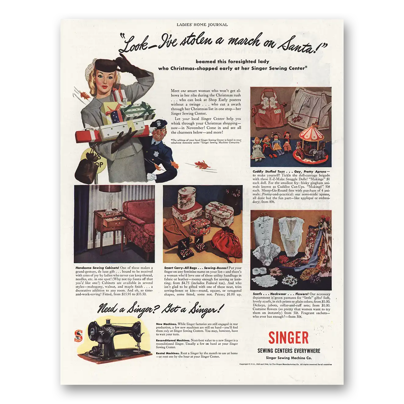 1944 Singer Sewing Centers Stolen a March On Santa Vintage Magazine Print Ad