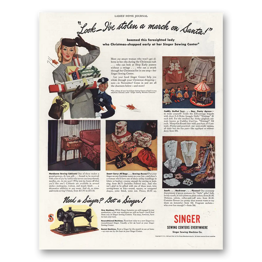 1944 Singer Sewing Centers Stolen a March On Santa Vintage Magazine Print Ad