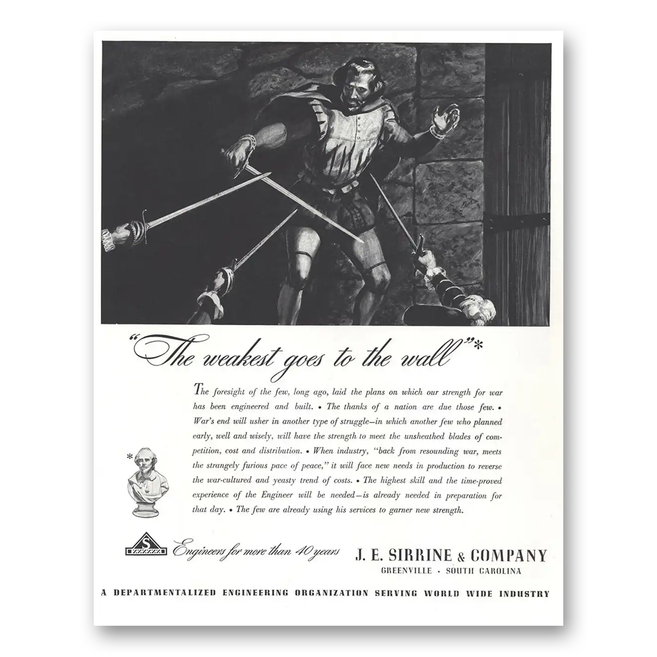 1944 J E Sirrine Weakest Goes to the Wall Vintage Magazine Print Ad