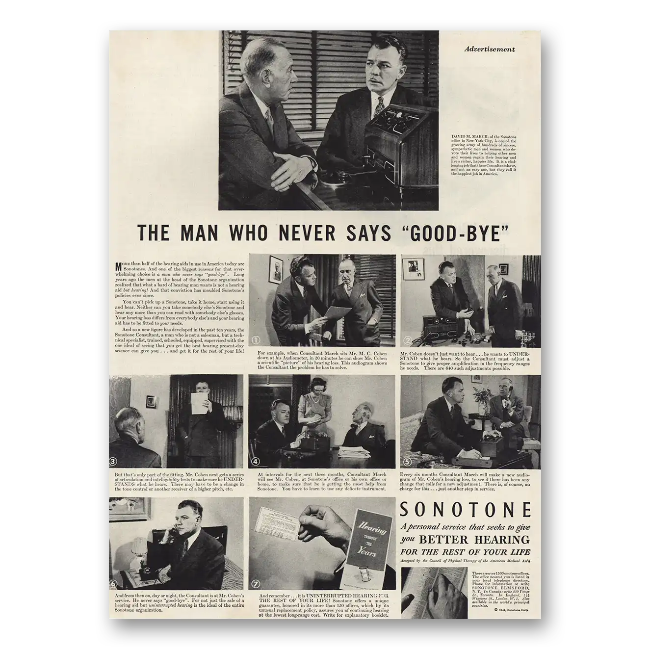 1944 Sonotone Hearing Aid Man Who Never Says Good Bye Vintage Magazine Print Ad