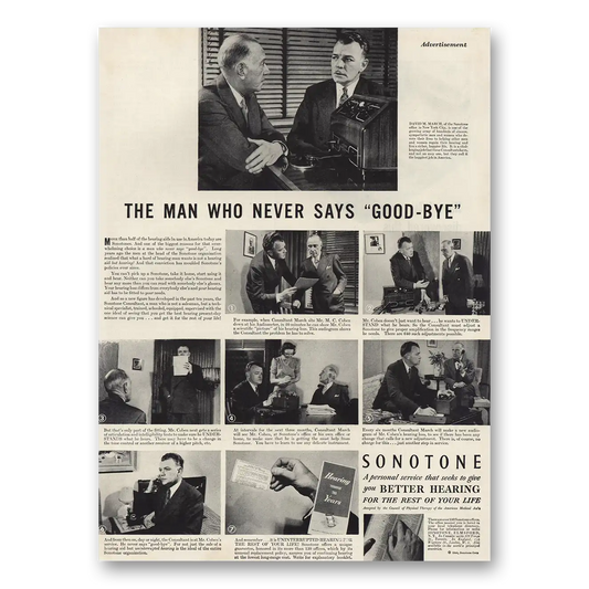 1944 Sonotone Hearing Aid Man Who Never Says Good Bye Vintage Magazine Print Ad