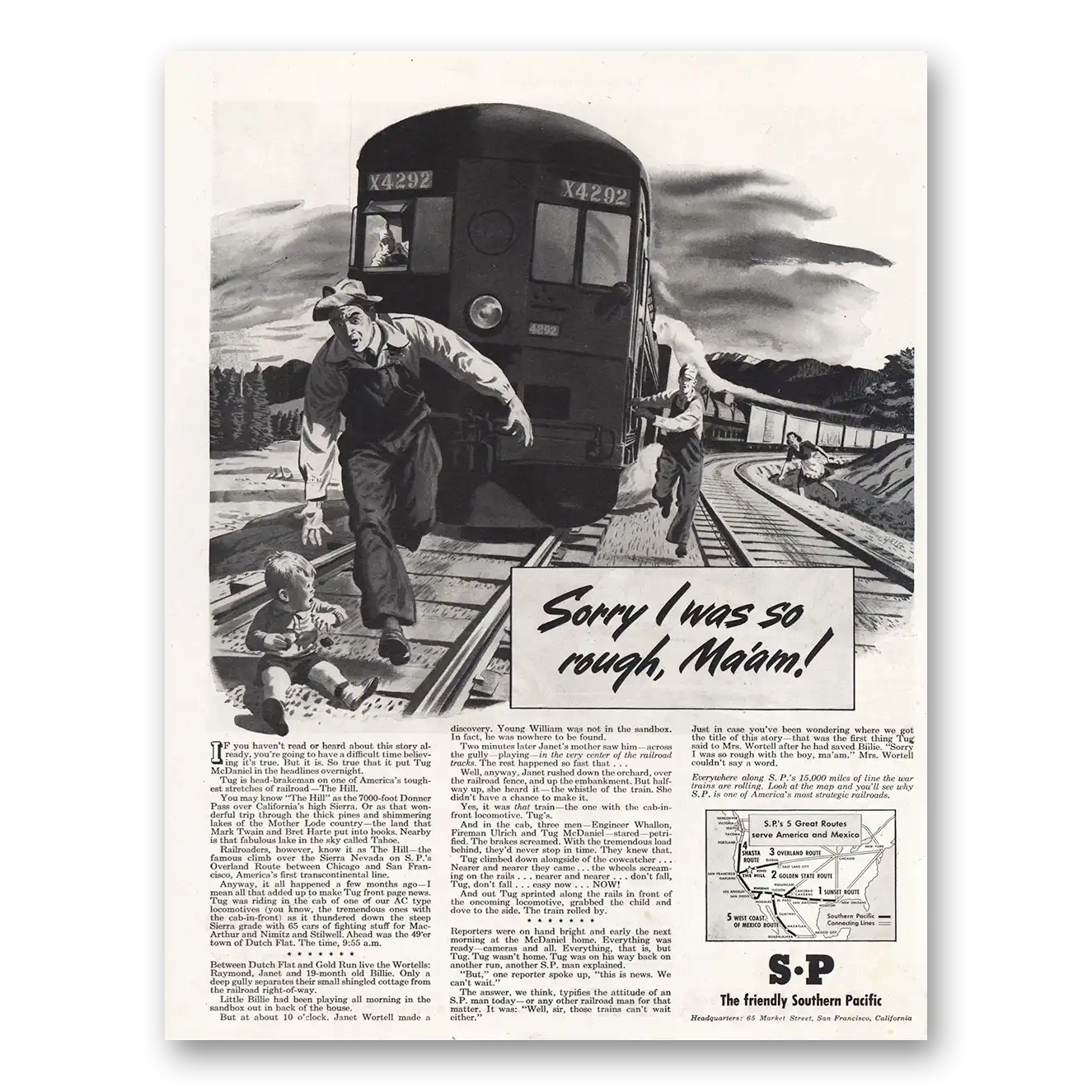 1944 Southern Pacific Sorry I Was So Rough Maam Vintage Magazine Print Ad