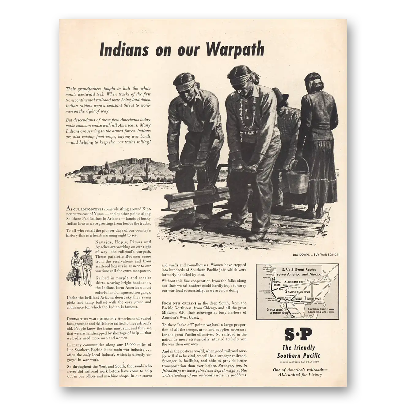 1944 Southern Pacific Indians On Our Warpath Vintage Magazine Print Ad