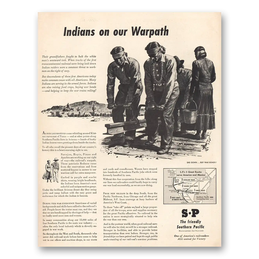 1944 Southern Pacific Indians On Our Warpath Vintage Magazine Print Ad