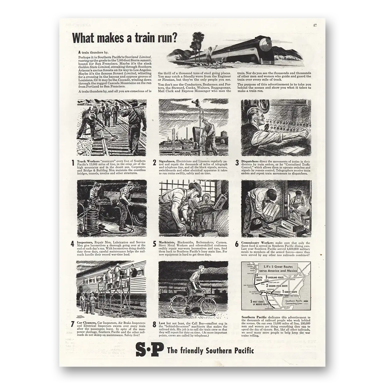 1944 Southern Pacific What Makes a Train Run Vintage Magazine Print Ad