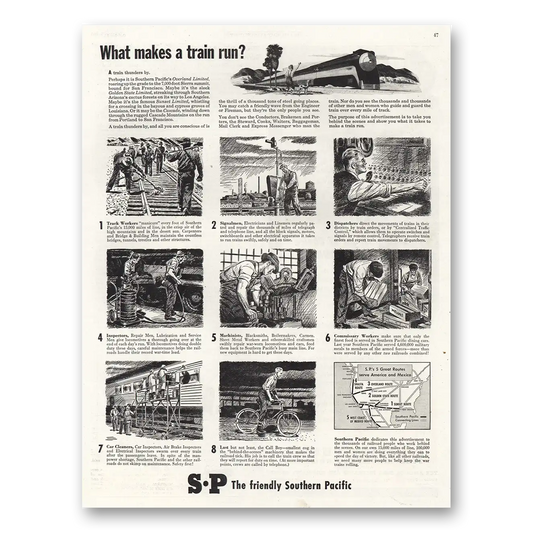 1944 Southern Pacific What Makes a Train Run Vintage Magazine Print Ad