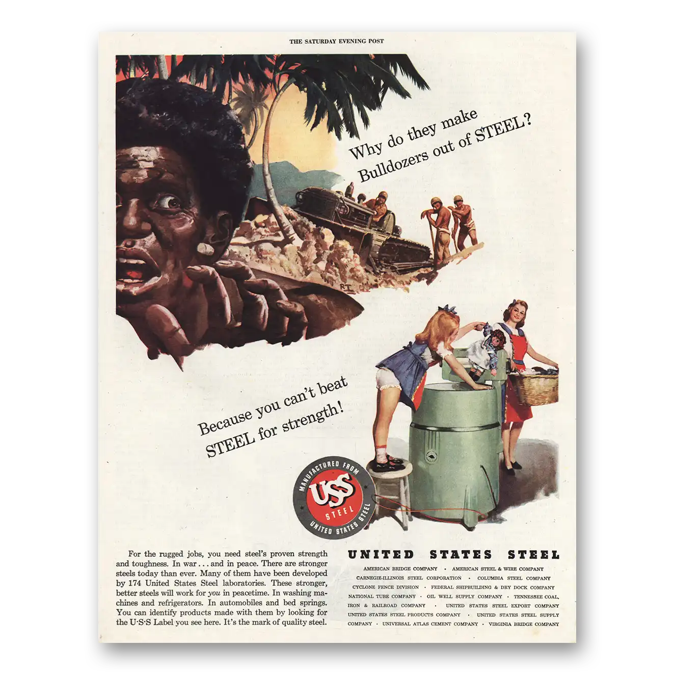 1944 United States Steel Make Bulldozers Out of Steel Vintage Magazine Print Ad