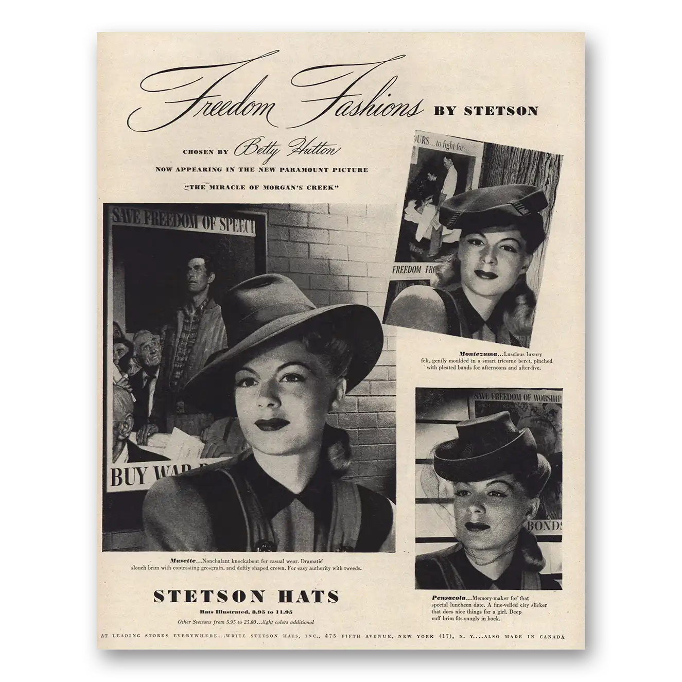 1944 Stetson Hats Freedom Fashions Betty Hutton Vintage Magazine Print Ad