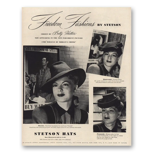 1944 Stetson Hats Freedom Fashions Betty Hutton Vintage Magazine Print Ad