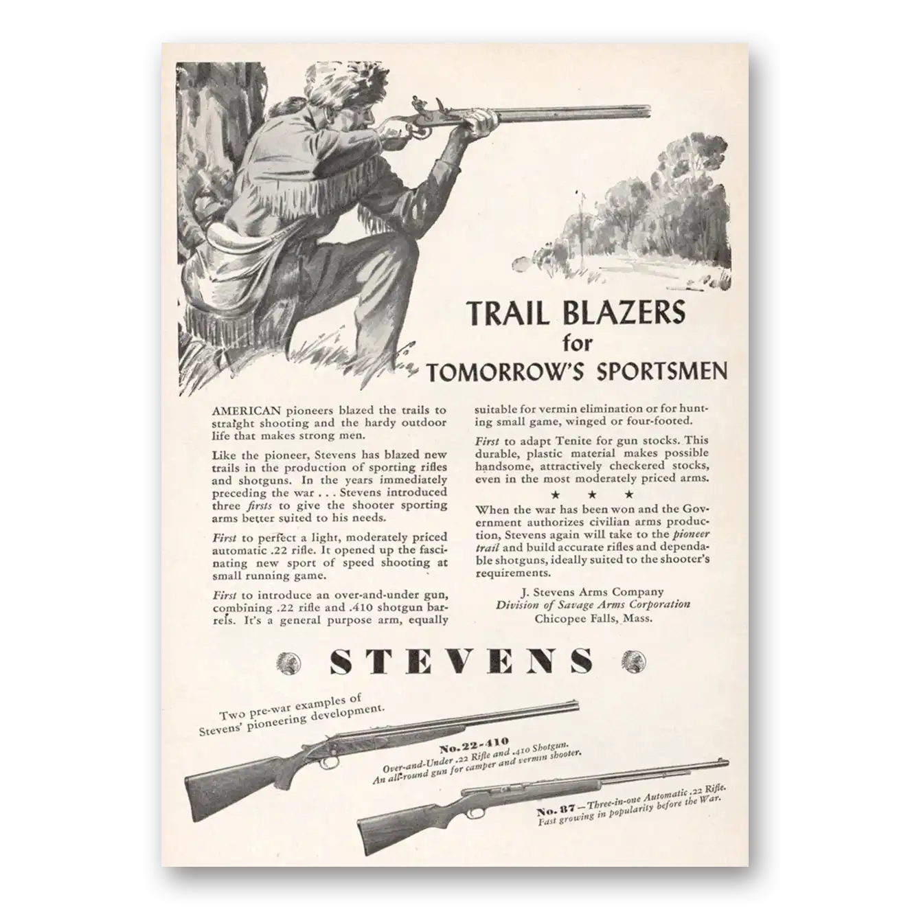 1944 Stevens Rifle and Shotguns Trail Blazer for Tomorrows Sportsmen Vintage Magazine Print Ad