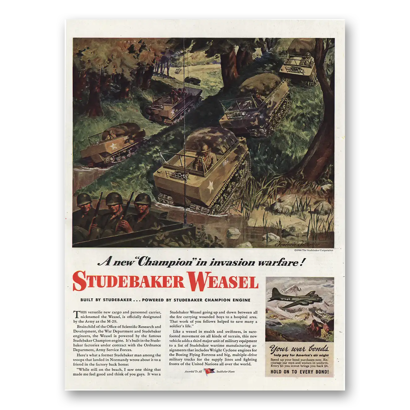 1944 Studebaker Weasel Champion In Invasion Warfare Vintage Magazine Print Ad