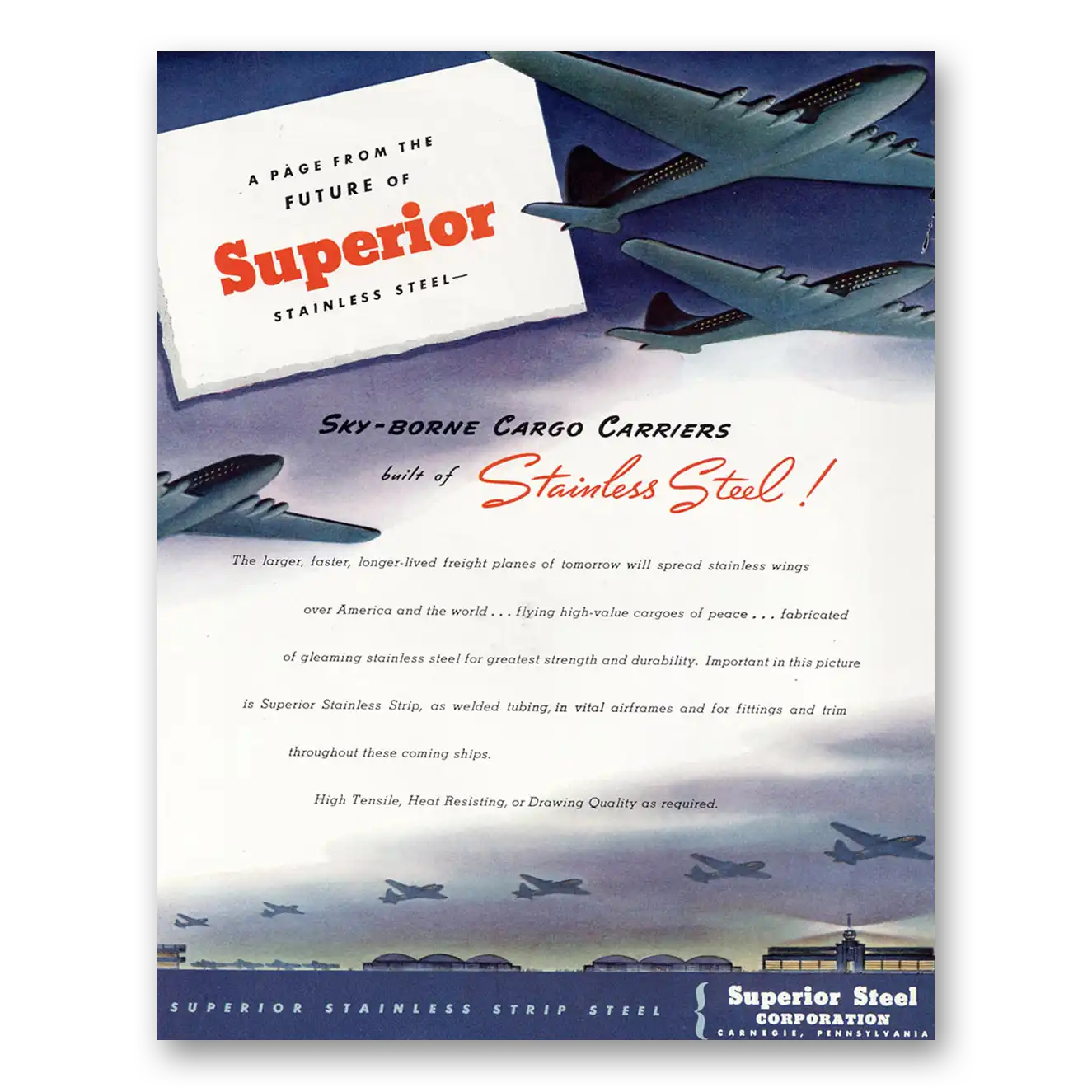 1944 Superior Steel Sky Borne Cargo Carriers Vintage Magazine Print Ad