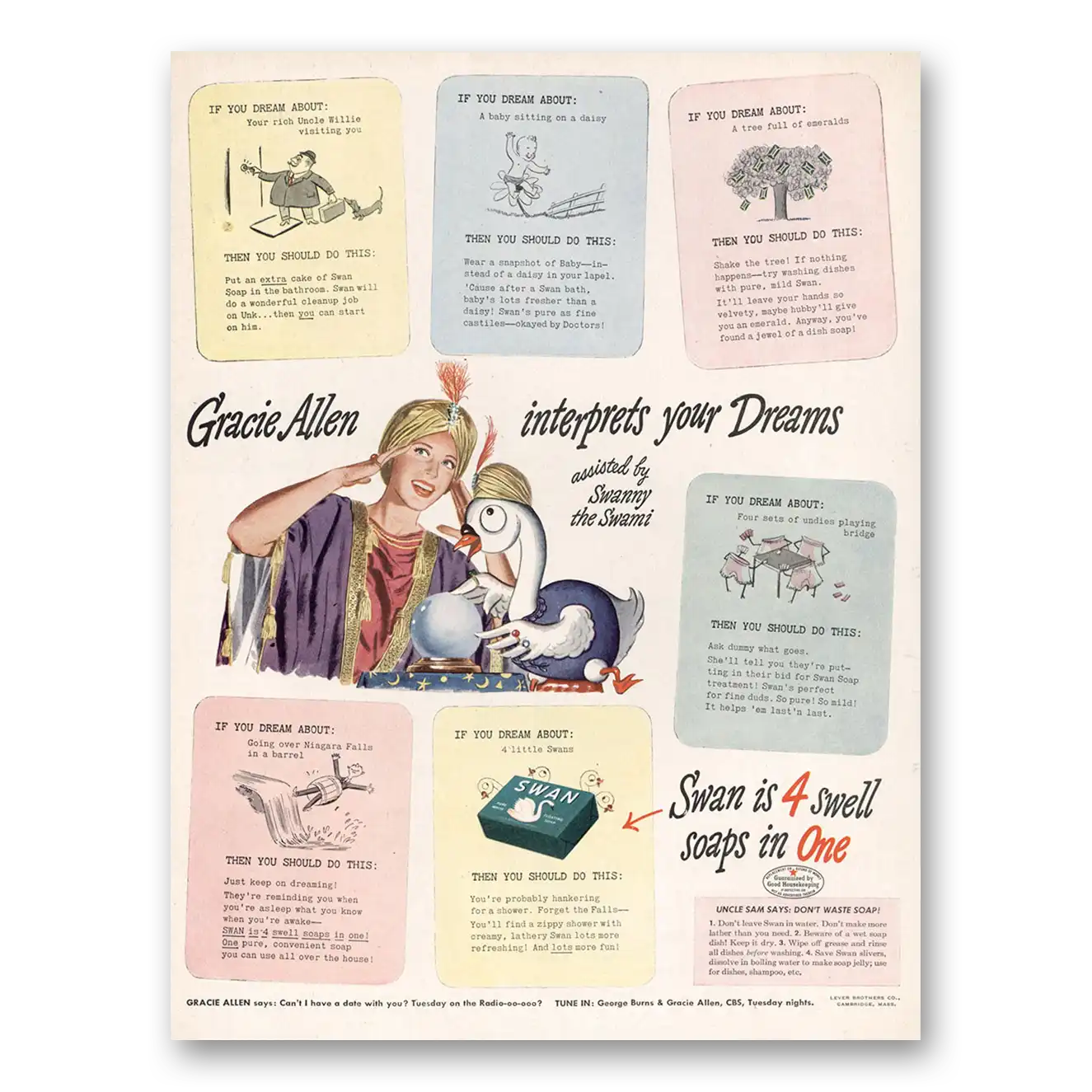 1944 Swan Soap Gracie Allen Interprets Your Dreams Vintage Magazine Print Ad