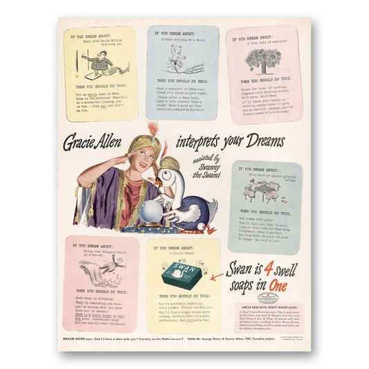 1944 Swan Soap Gracie Allen Interprets Your Dreams Vintage Magazine Print Ad