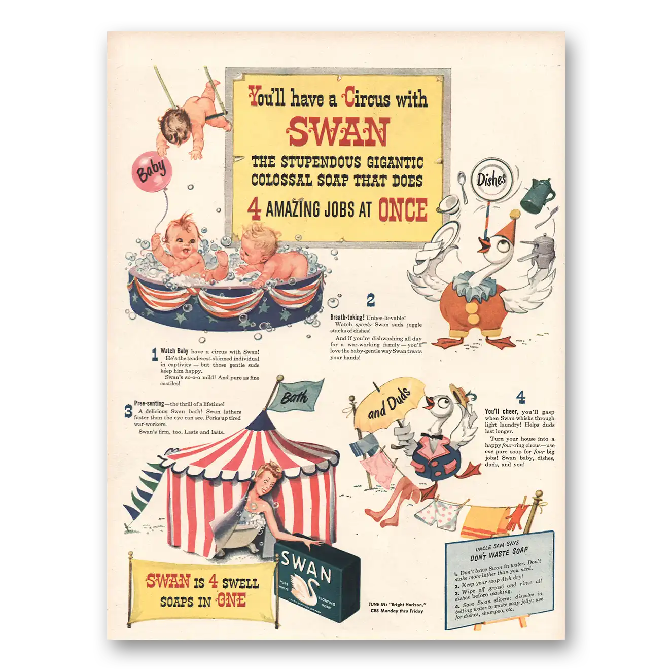 1944 Swan Soap Stupendous Gigantic Vintage Magazine Print Ad