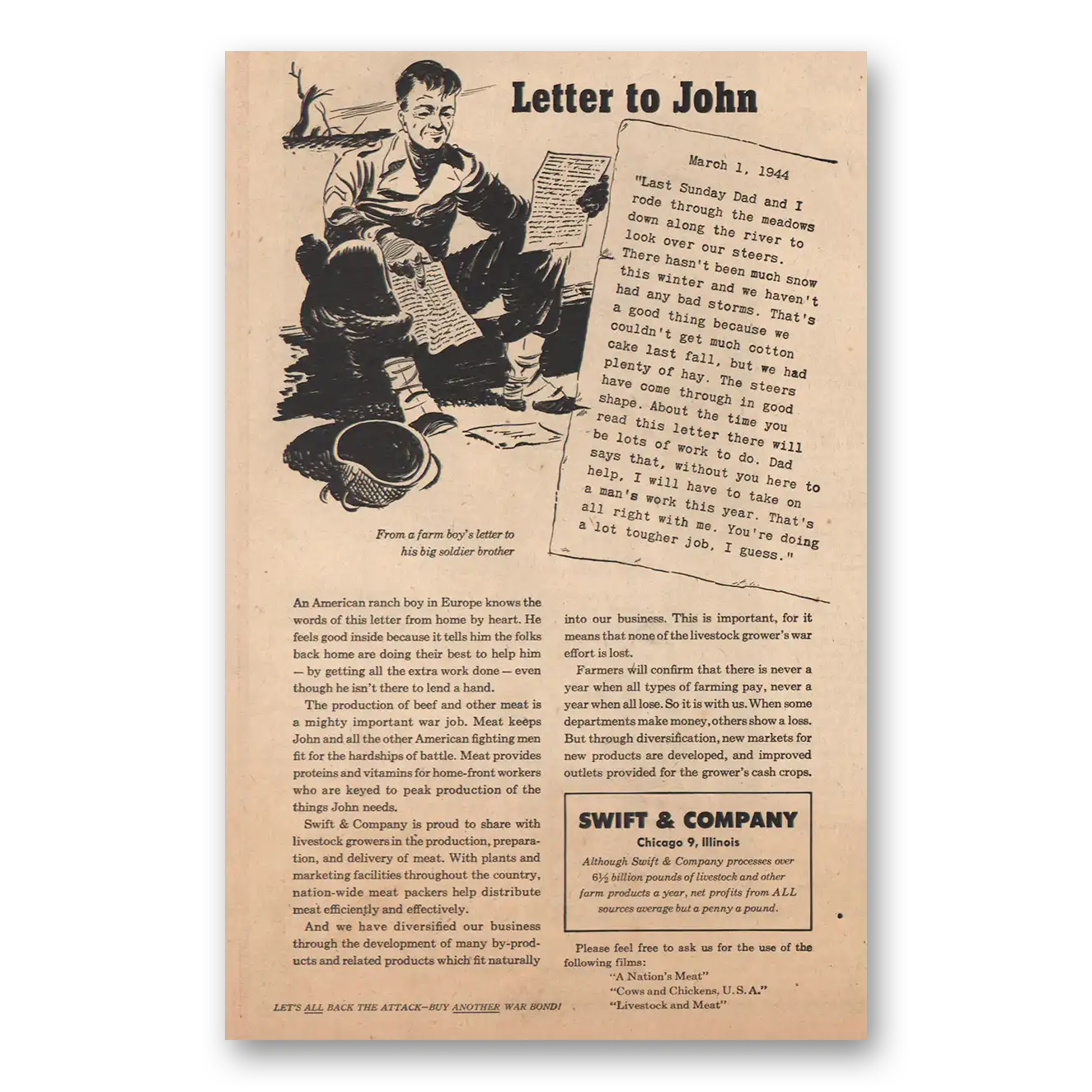 1944 Swift and Company Letter to John Vintage Magazine Print Ad