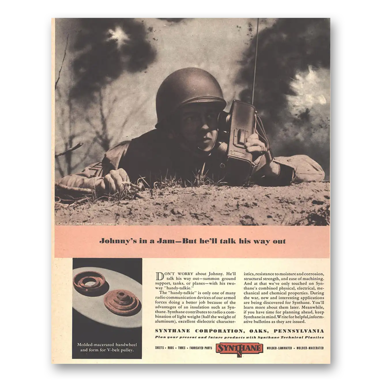 1944 Synthane Johnnys In a Jam Talk His Way Out Vintage Magazine Print Ad