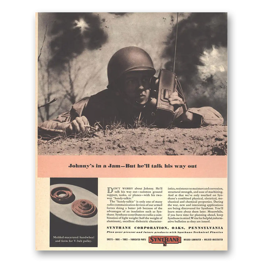 1944 Synthane Johnnys In a Jam Talk His Way Out Vintage Magazine Print Ad