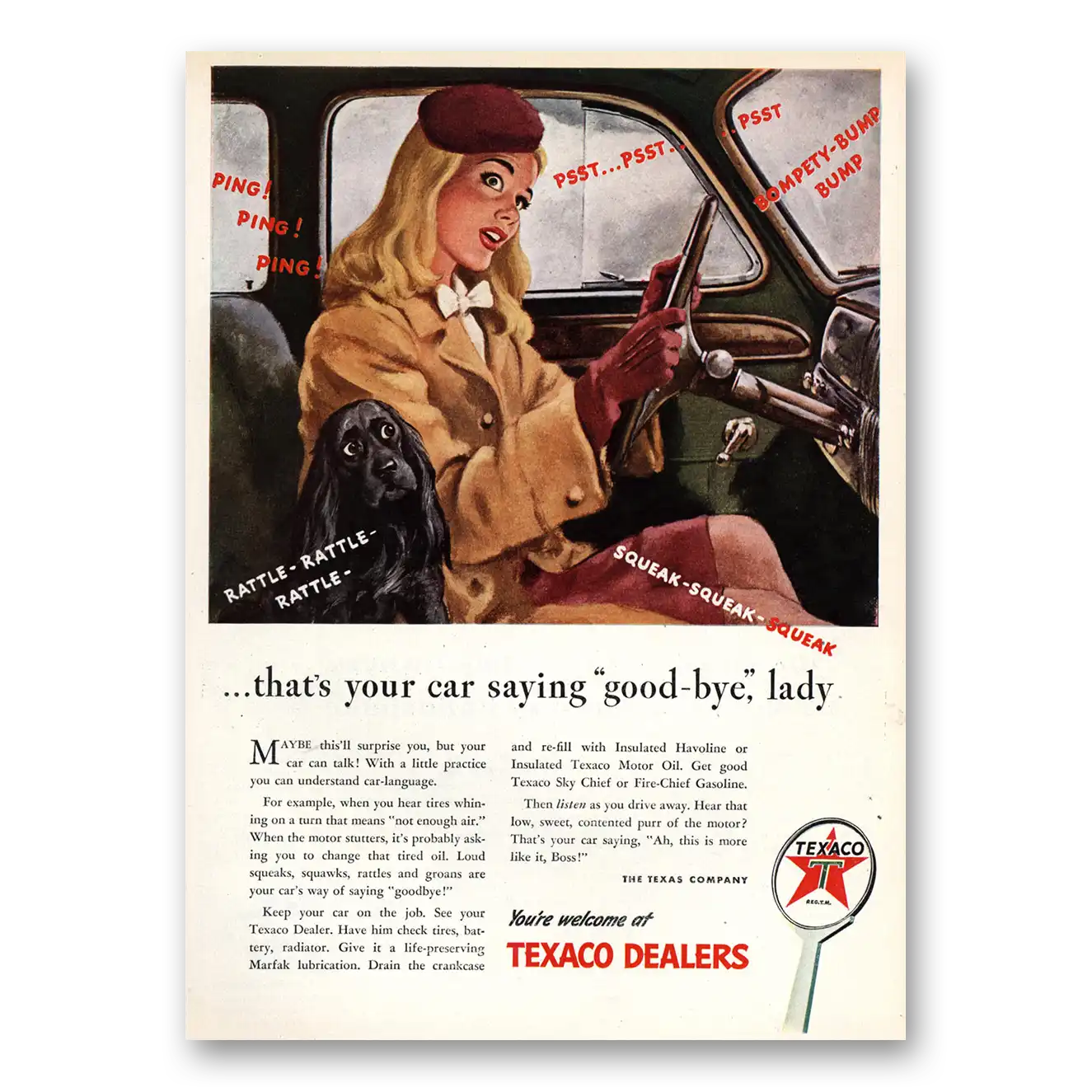 1944 Texaco Dealers You Car Saying Good Bye Lady Vintage Magazine Print Ad