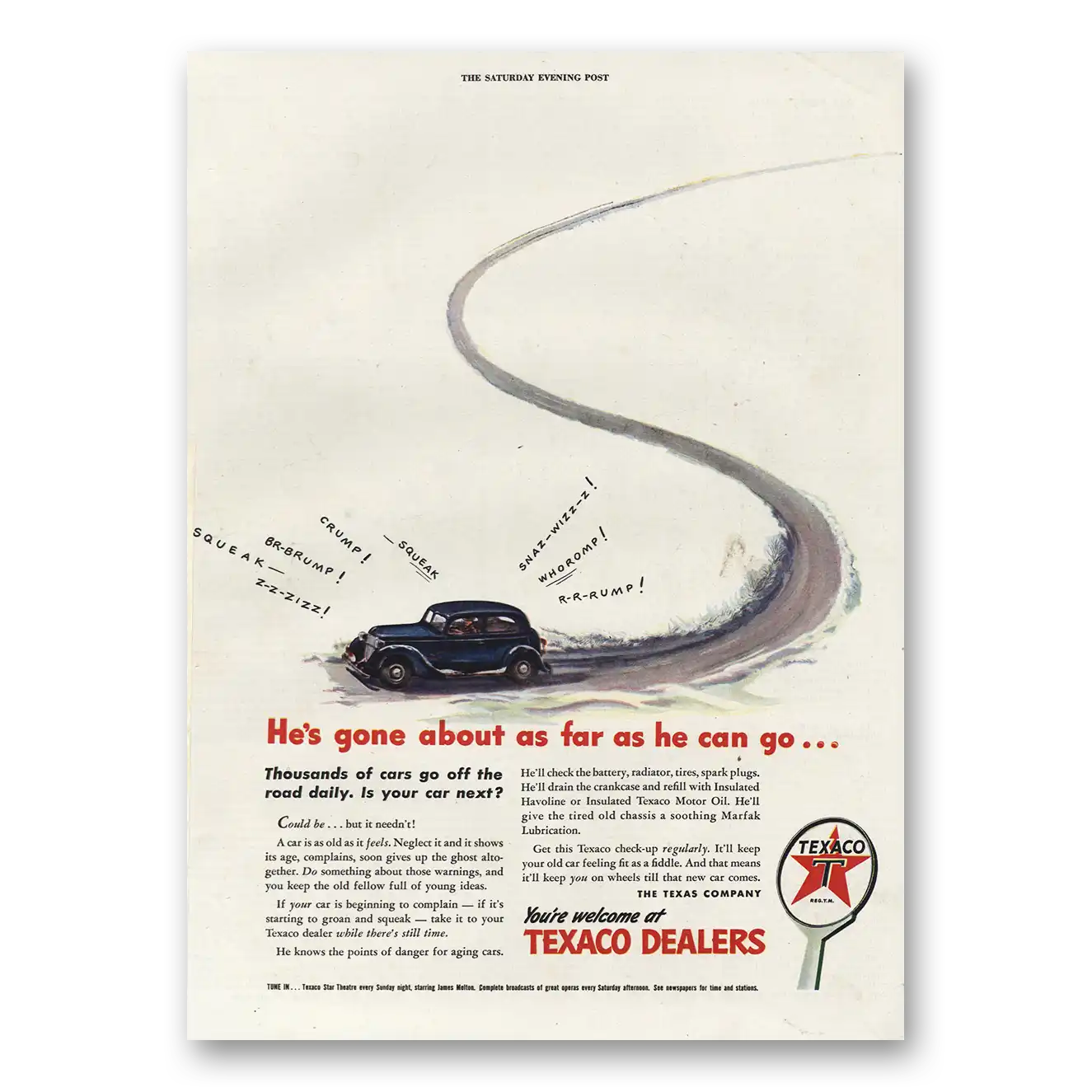 1944 Texaco Gasoline Gone About As Far As He Can Go Vintage Magazine Print Ad