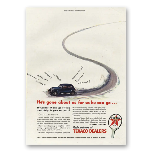 1944 Texaco Gasoline Gone About As Far As He Can Go Vintage Magazine Print Ad