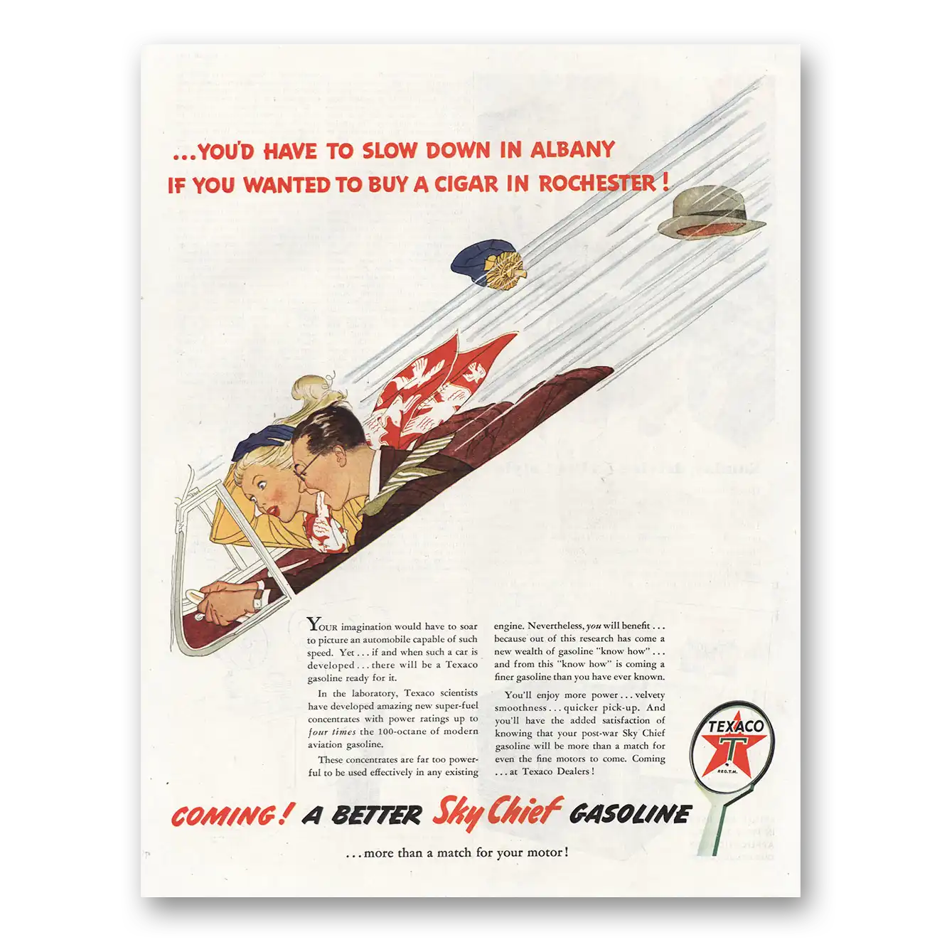 1944 Texaco Slow Down In Albany Cigar In Rochester Vintage Magazine Print Ad