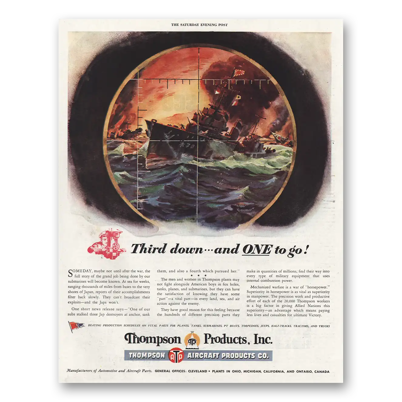 1944 Thompson Products Third Down and One To Go Vintage Magazine Print Ad