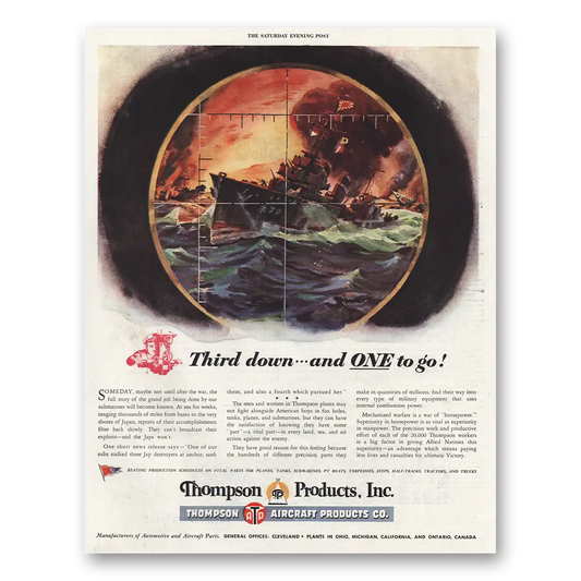 1944 Thompson Products Third Down and One To Go Vintage Magazine Print Ad