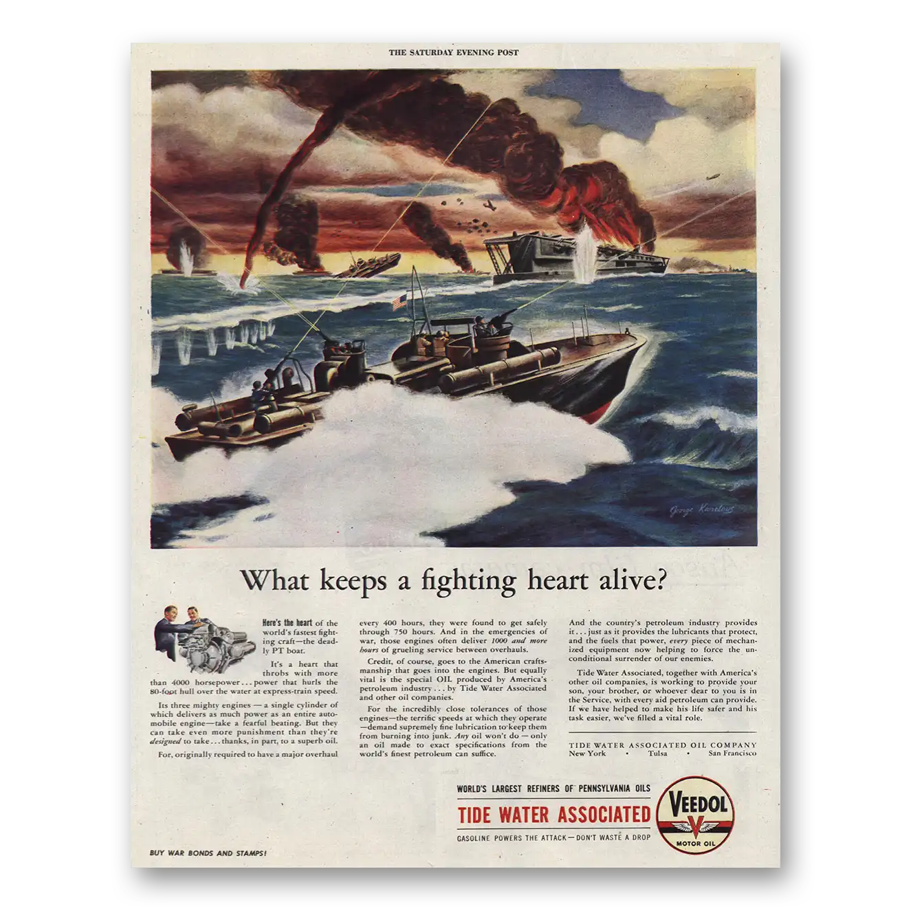 1944 Tide Water Associated Keeps Fighting Heart Alive Vintage Magazine Print Ad