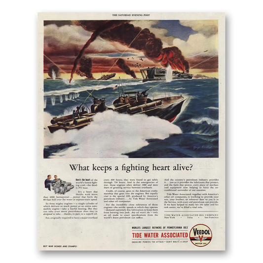 1944 Tide Water Associated Keeps Fighting Heart Alive Vintage Magazine Print Ad