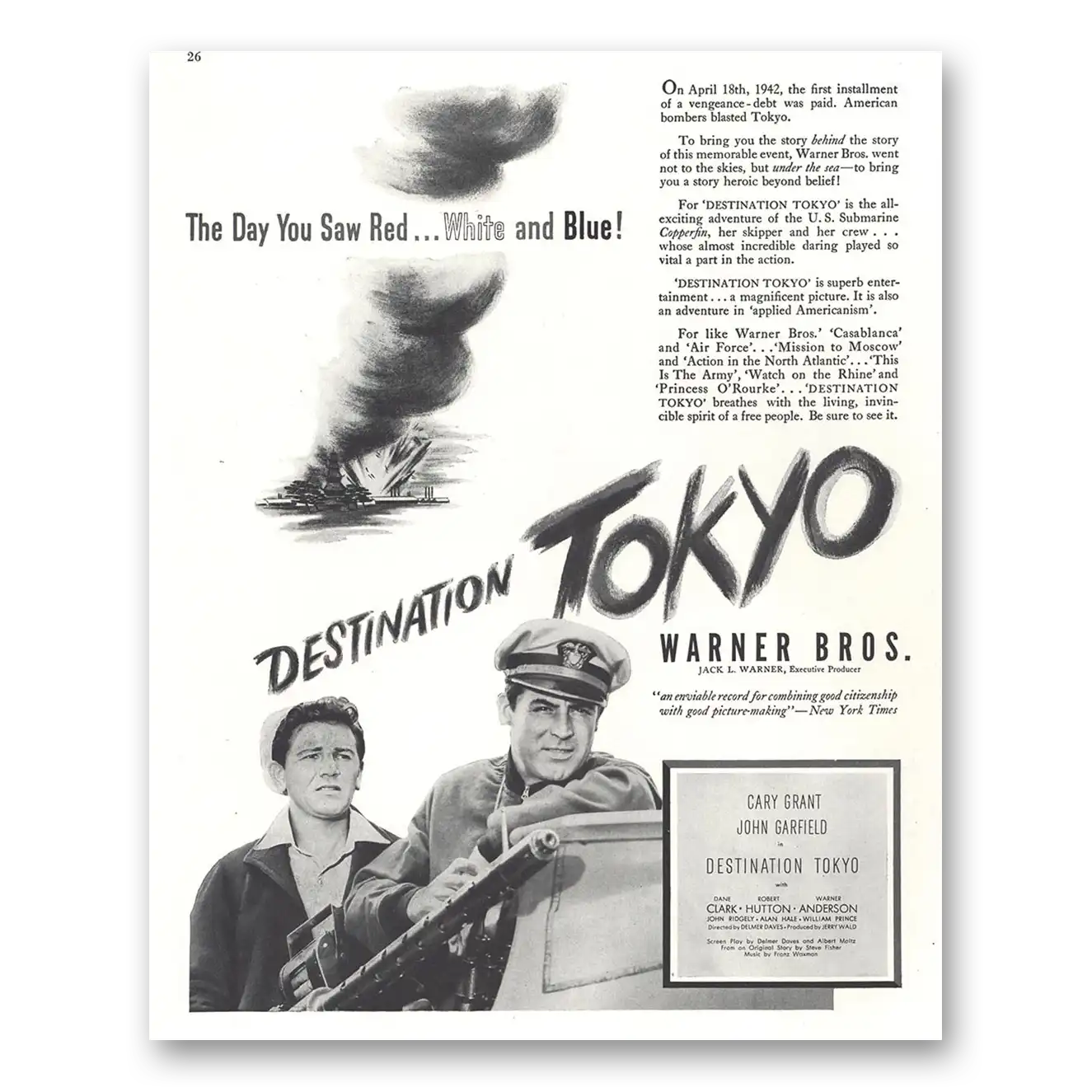 1944 Destination Tokyo Movie Promo Cary Grant Vintage Magazine Print Ad