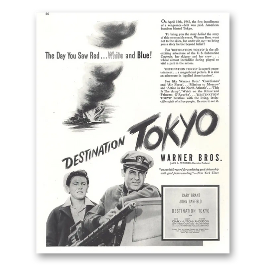 1944 Destination Tokyo Movie Promo Cary Grant Vintage Magazine Print Ad