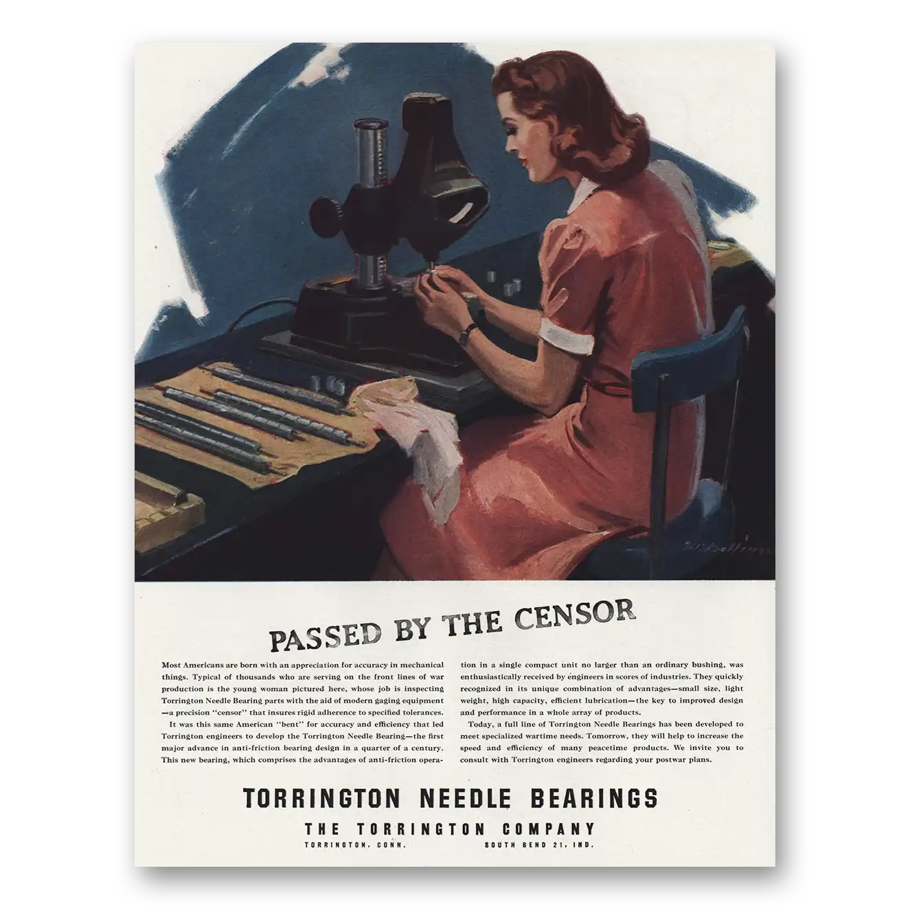 1944 Torrington Needle Bearings Passed By the Censor Vintage Magazine Print Ad