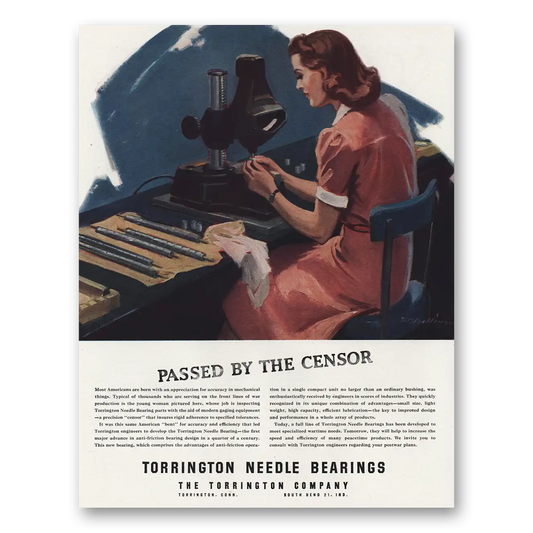 1944 Torrington Needle Bearings Passed By the Censor Vintage Magazine Print Ad