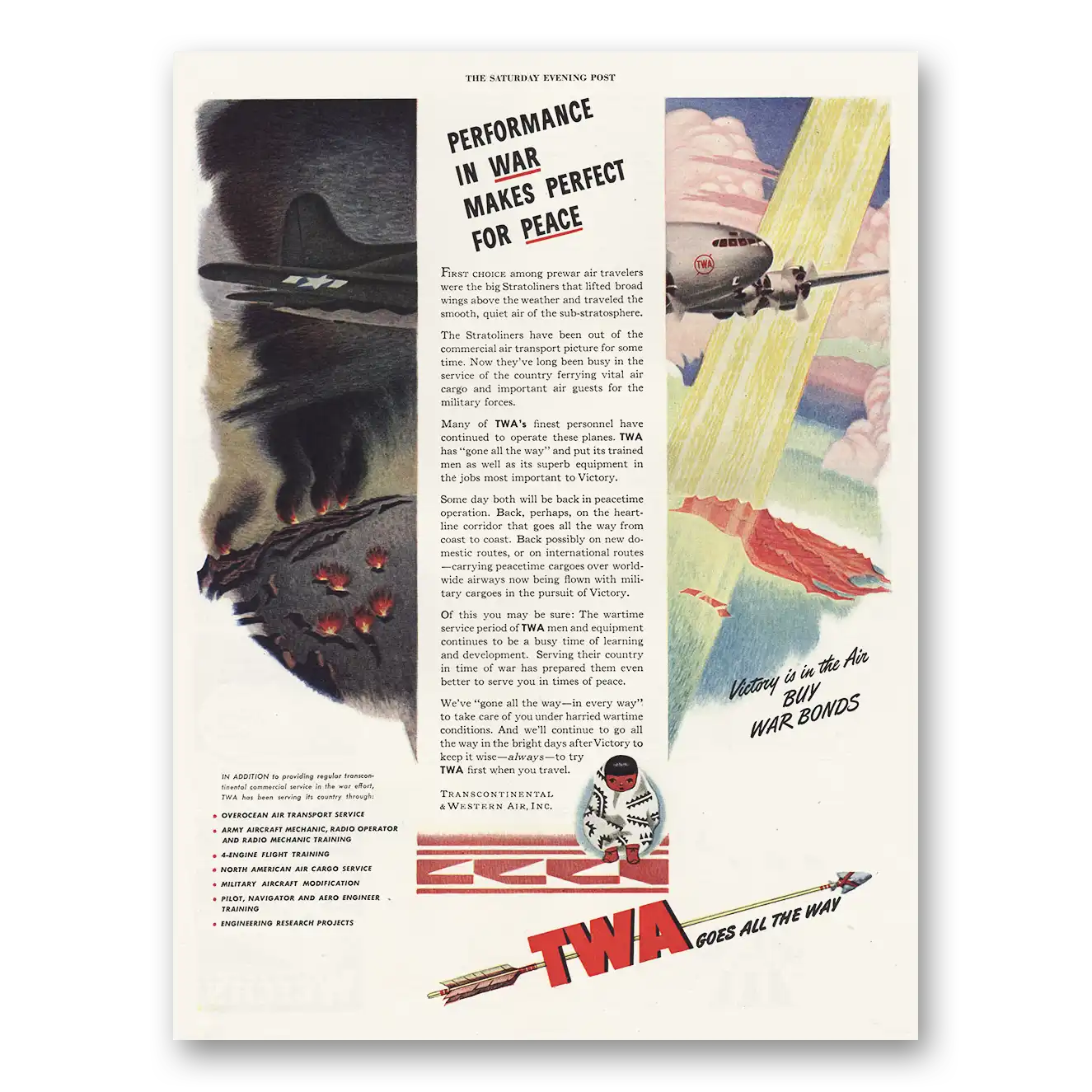 1944 TWA Performance In War Makes Perfect for Peace Vintage Magazine Print Ad