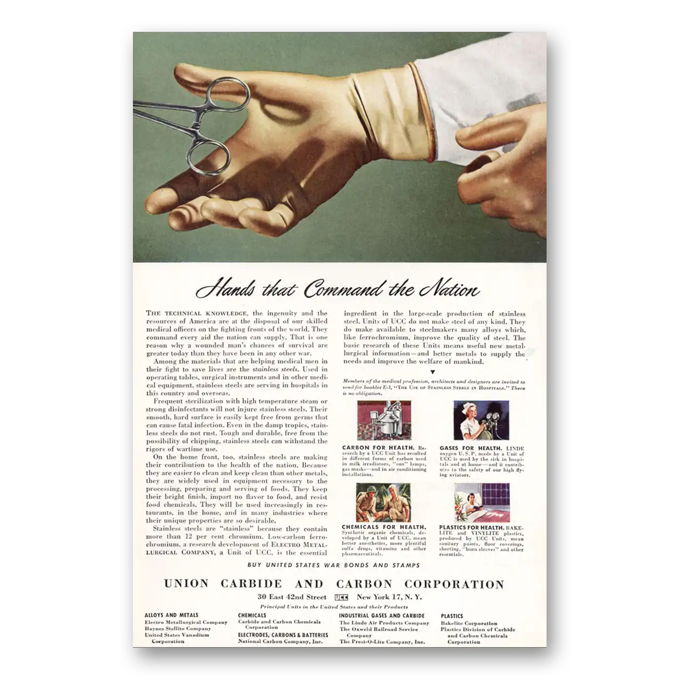 1944 Union Carbide Hands That Command the Nation Vintage Magazine Print Ad