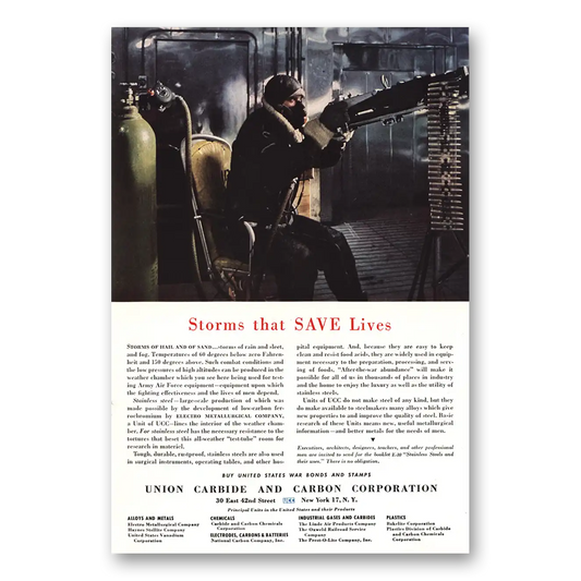 1944 Union Carbide Storms That Save Lives Vintage Magazine Print Ad