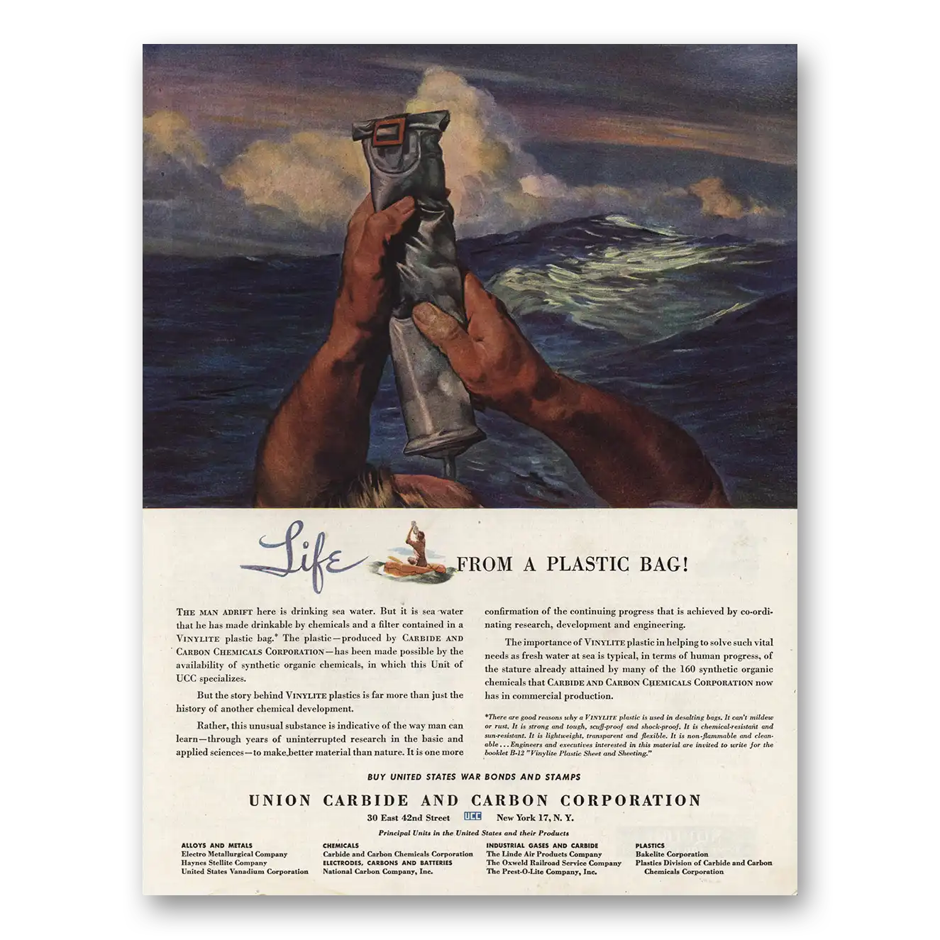 1944 Union Carbide Life From a Plastic Bag Vintage Magazine Print Ad