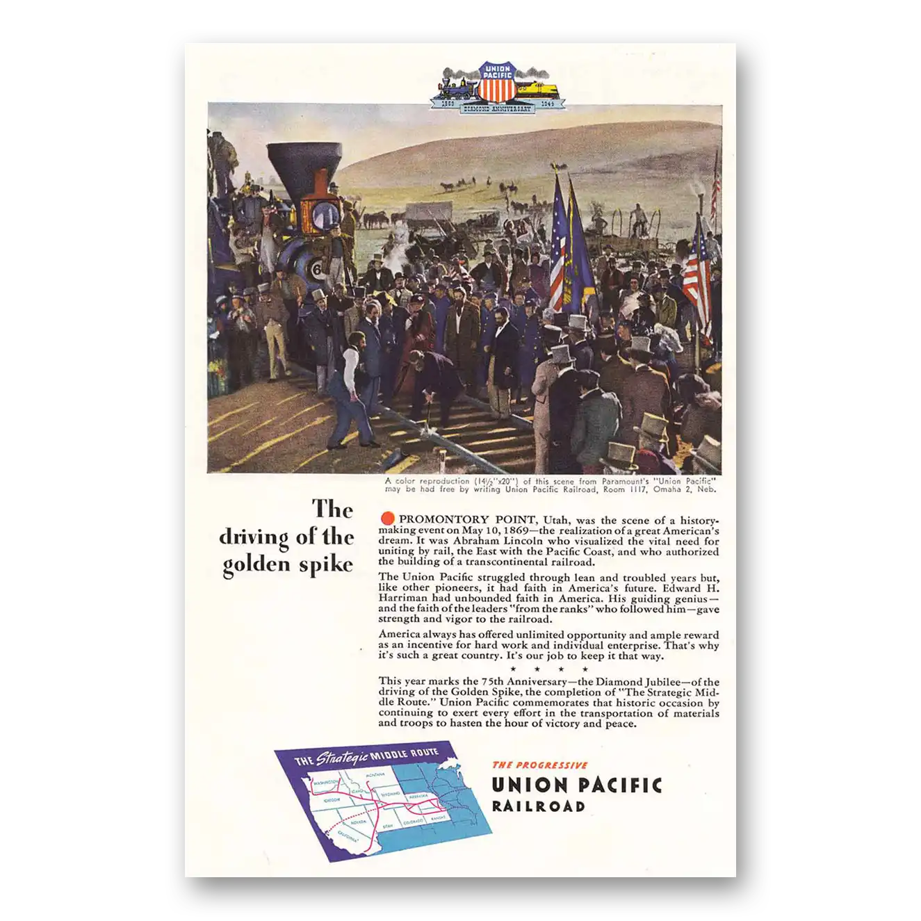 1944 Union Pacific Railroad Driving of the Gold Spike Vintage Magazine Print Ad