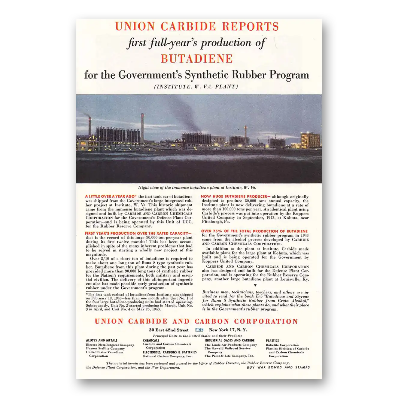 1944 Union Carbide Butadiene Gov Synthetic Rubber Program Vintage Magazine Print Ad